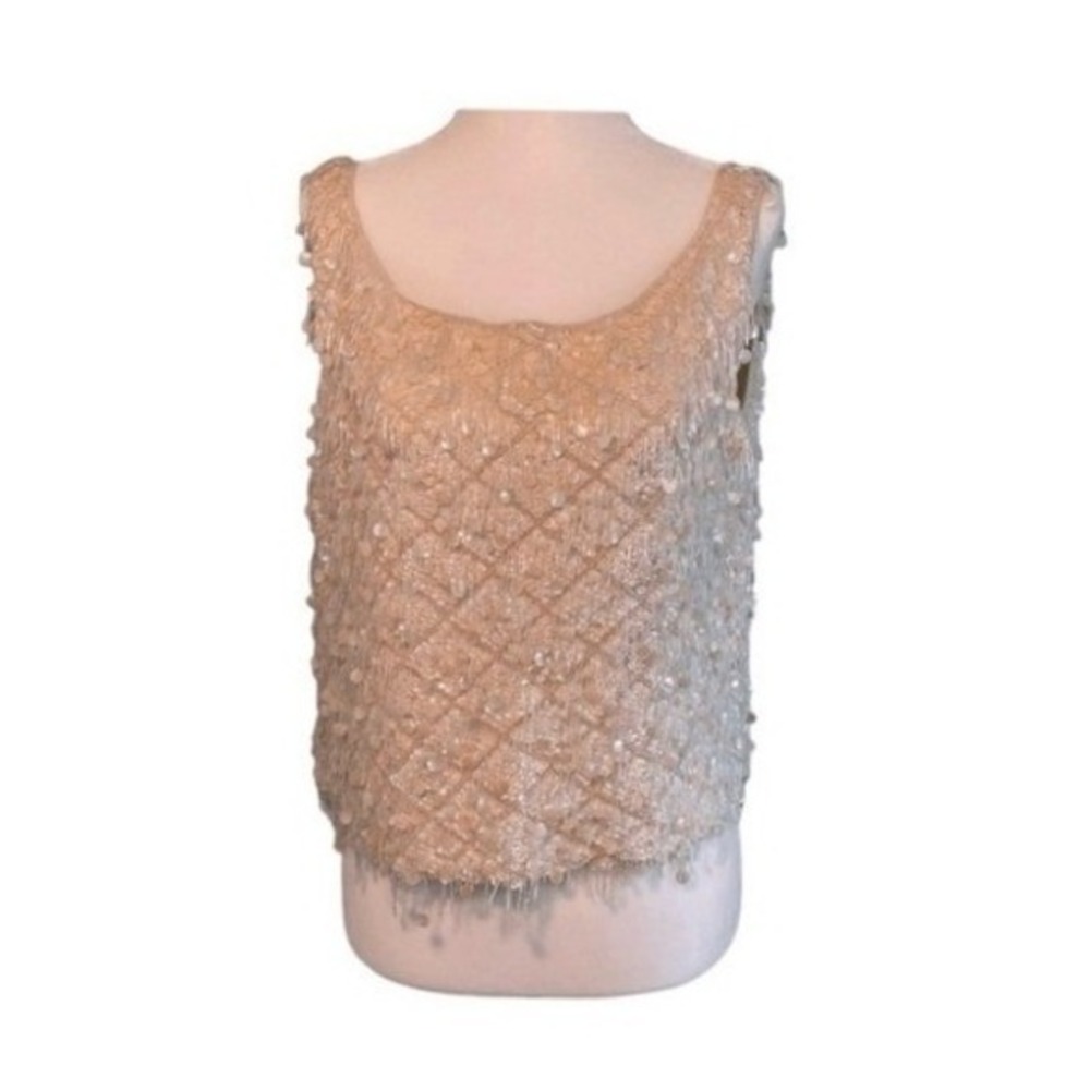 Vintage 60s Cavanagh 100% Beaded Sequin Wool Sweater‎ Top Vest Ivory Cream L
